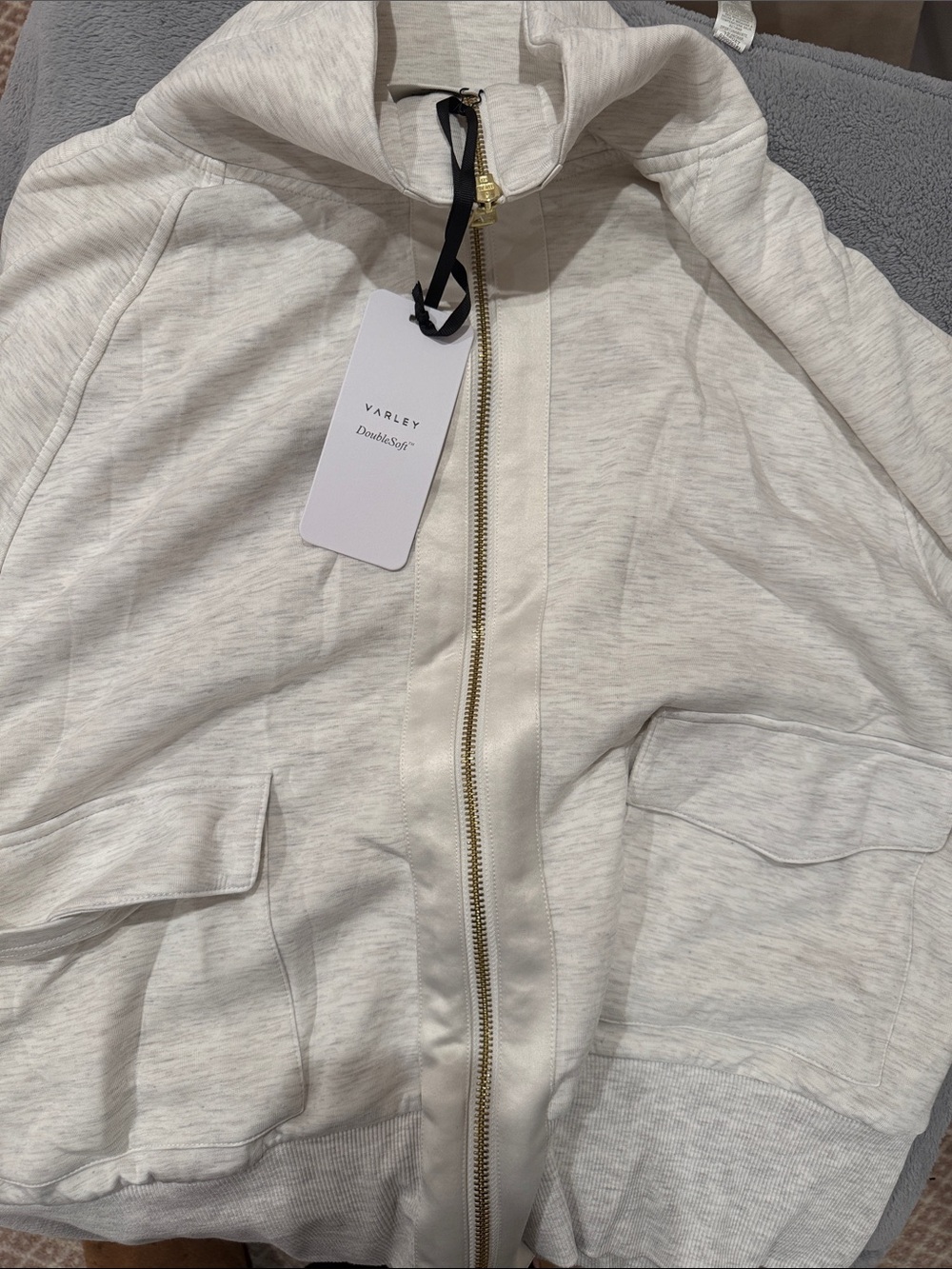 Varley Cream Full-Zip Bomber Jacket with Gold Zipper